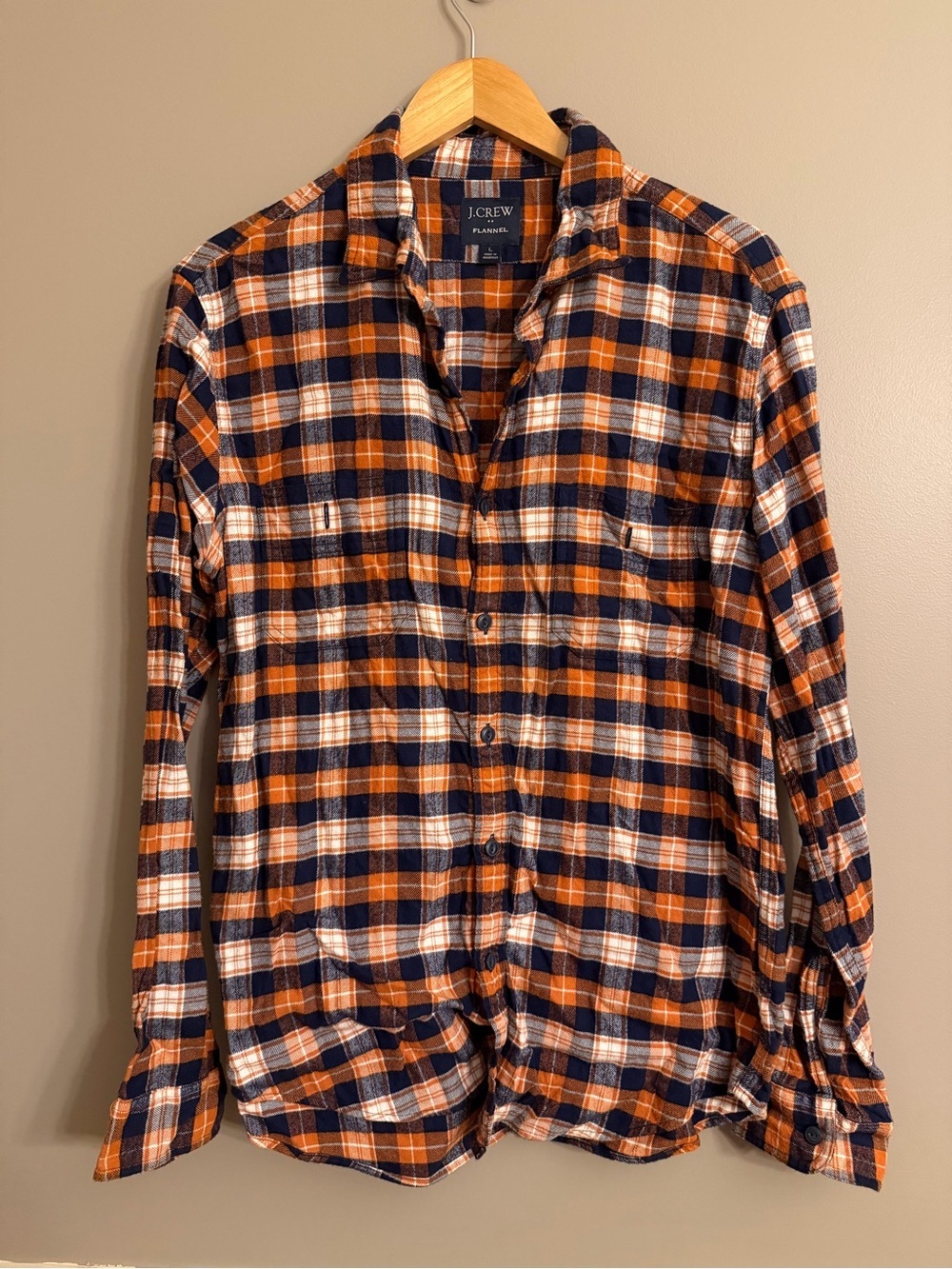 J. Crew Navy and Orange Plaid Flannel Shirt
